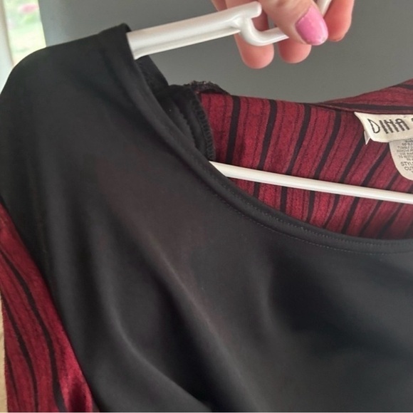 Burgundy Striped Collared Blouse Built-in Tank Business Casual Layered Look Top - Picture 7 of 10